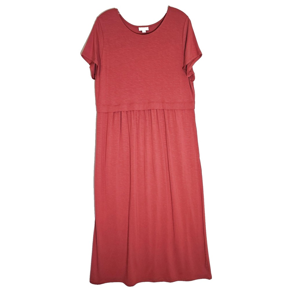 J Jill Dress Womens Large Petite Red Maxi Short Sleeve Scoop Neck Jersey Stretch